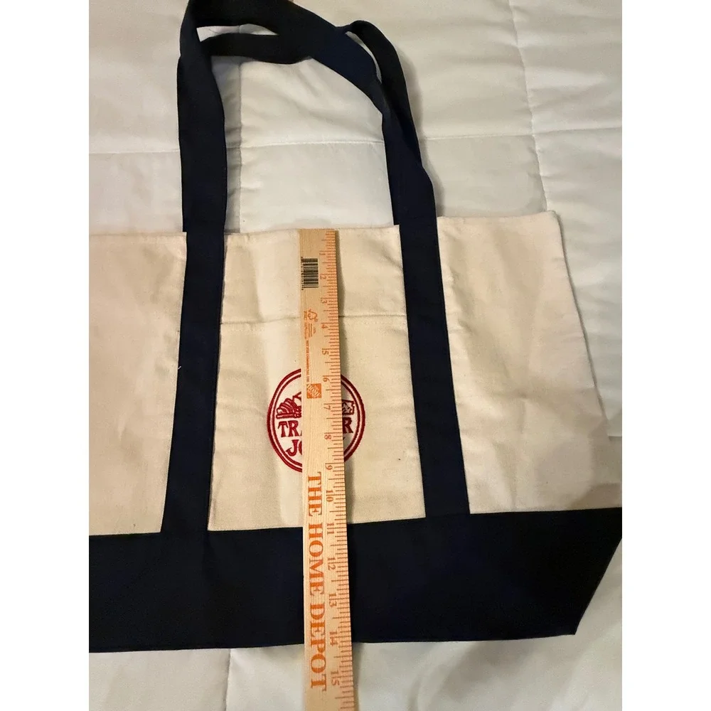 Trader Joe's Reusable Canvas Tote Bag Navy Blue Cream Embroidered Logo NWT